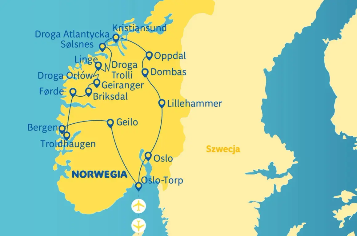 Mapa Norwegii z zaznaczonymi trasami: Droga Atlantycka, Droga Orłów, Geiranger, Bergen, Oslo. Idealne miejsca, gdzie warto pojechać!