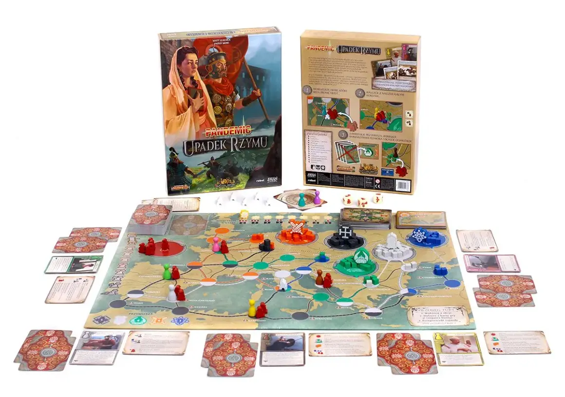 Plansza gry "Pandemic: Upadek Rzymu" z pionkami, kartami i kostkami. Gracze walczą z zarazą, by ocalić imperium.