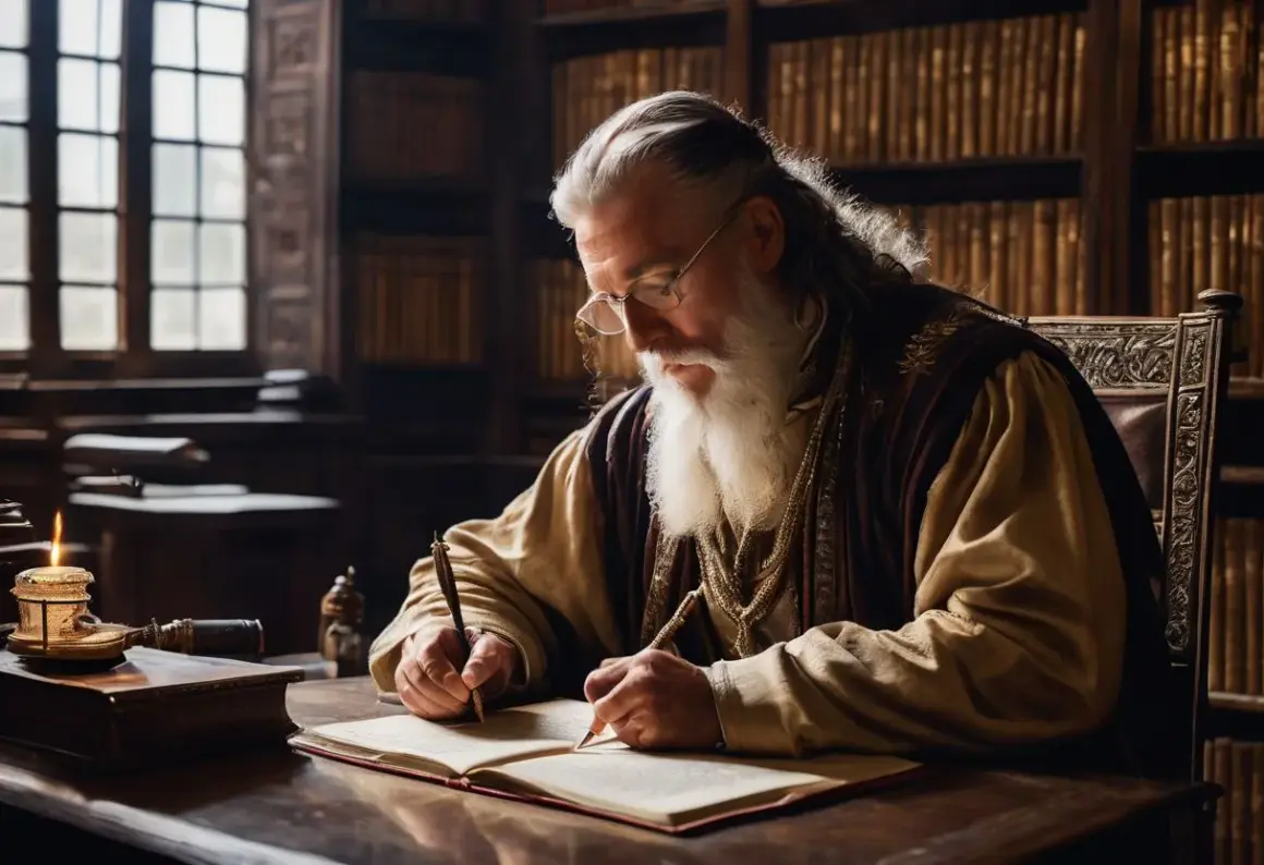 Starzec w bibliotece, pisząc piórem, opowiada historię, jak powstał Stary Testament.