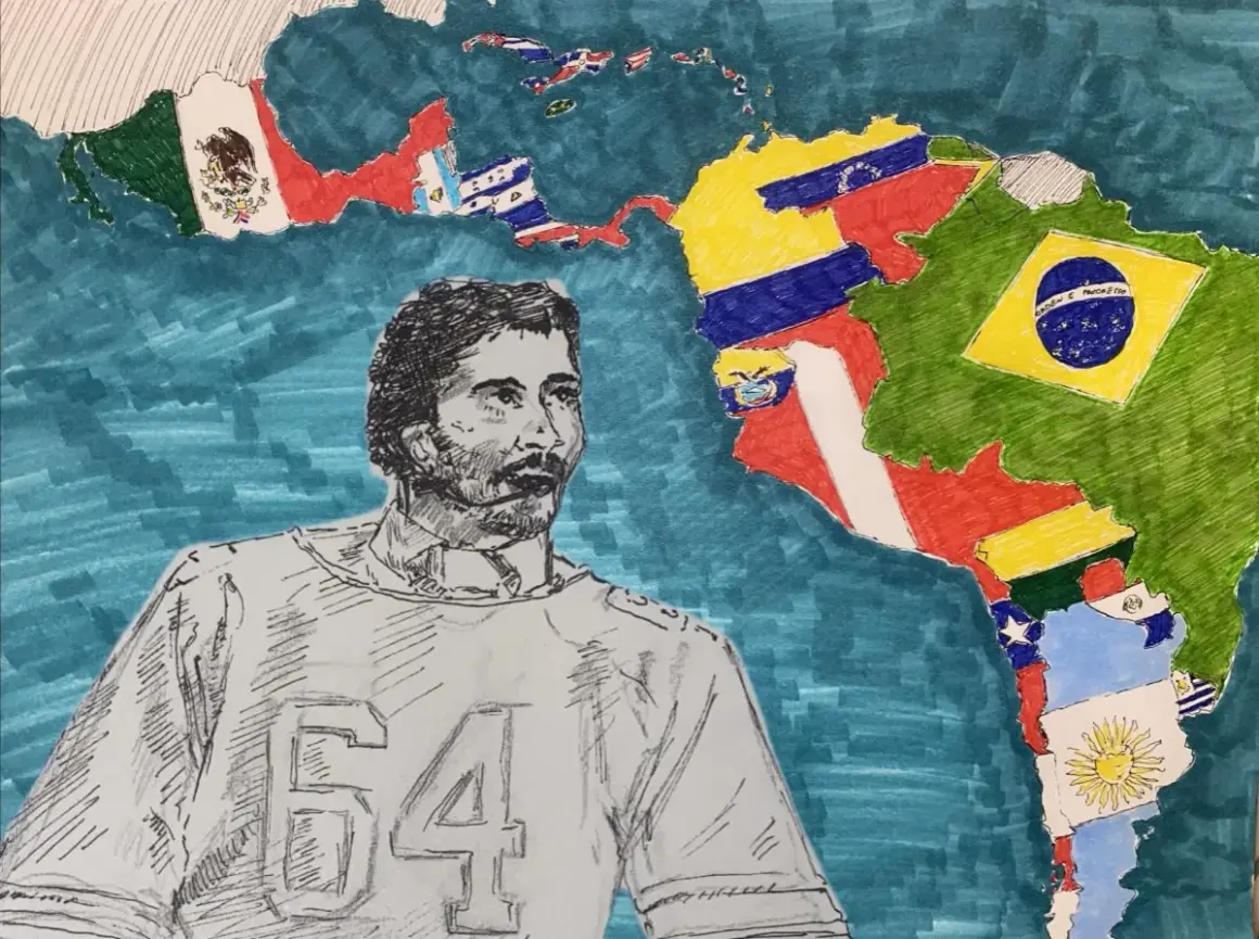 A sketch of a man with a mustache and jersey number 54 stands before a map of Latin America, its countries depicted with their flags, celebrating the region's diverse latin american artists.