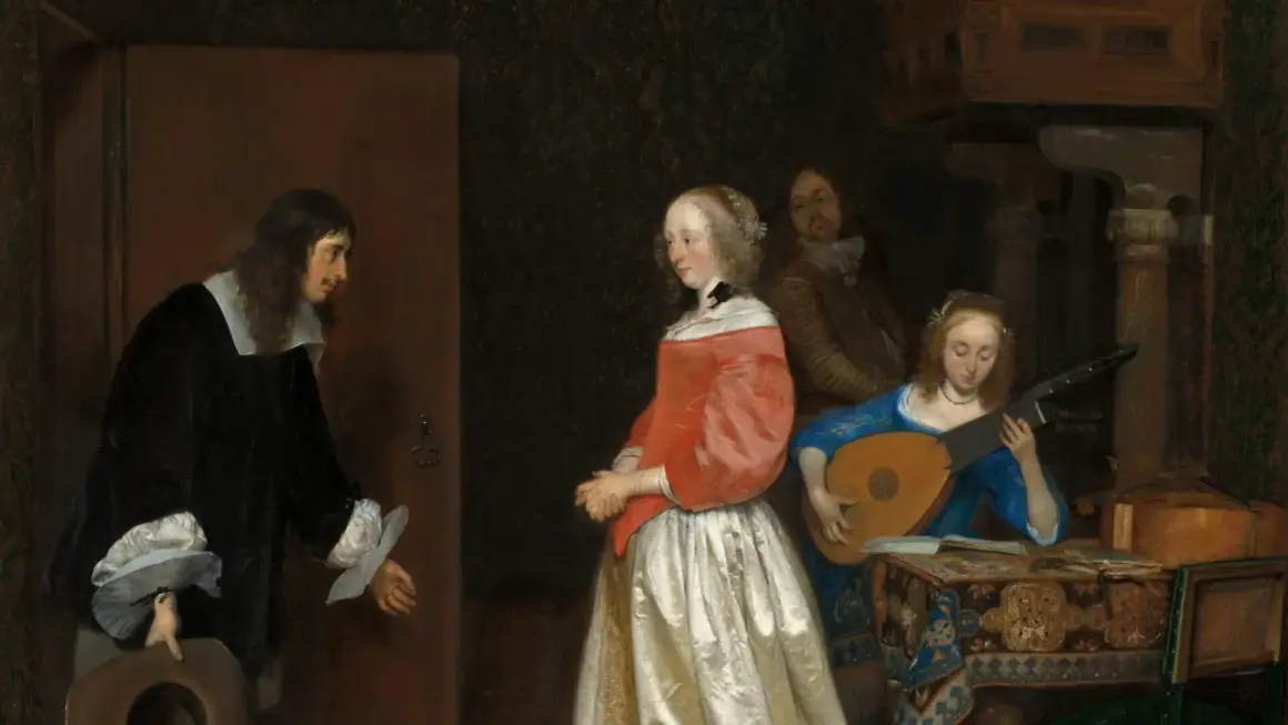 Een man in een zwarte jas, mogelijk een bezoek aan een dame in een rode jurk, terwijl een vrouw luit speelt. Een tafereel uit Gerard ter Borch's oeuvre.