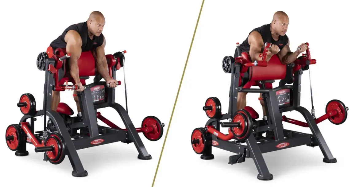 Mann trainiert Bizeps am Gerät. Der musculus brachialis wird hierbei stark beansprucht.
