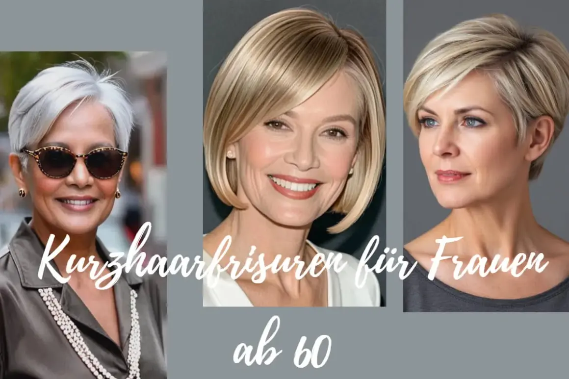 Drei Frauen mit modernen Kurzhaarfrisuren ab 60: eine mit grauem Pixie-Schnitt, eine mit blondem Bob und eine mit kurzem, gestuftem blondem Haar.
