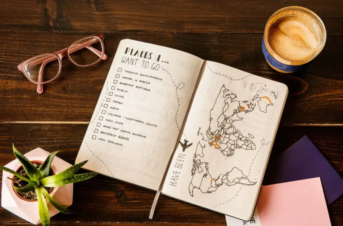 Planowanie wakacji: lista miejsc do odwiedzenia, mapa świata z zaznaczonymi podróżami, okulary i kawa.