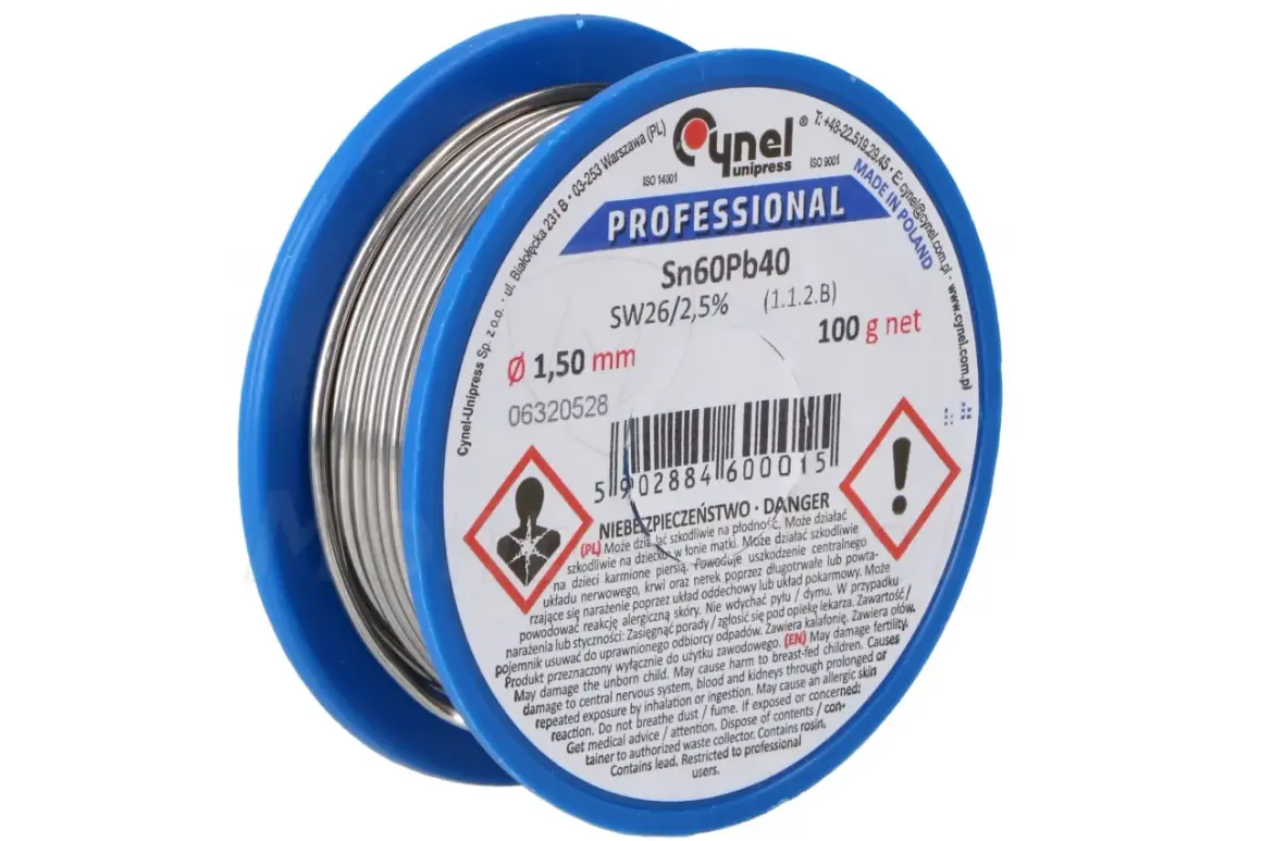Cyna cynel Sn60Pb40 SW26/2,5% 1,50 mm 100g – idealna do lutowania elektroniki.