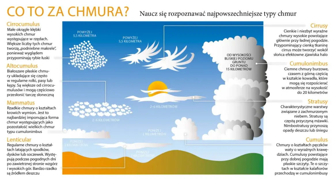 Ilustracja przedstawia różne rodzaje chmur, od wysokich cirrusów po burzowe cumulonimbusy, pomagając rozpoznać typy chmur.