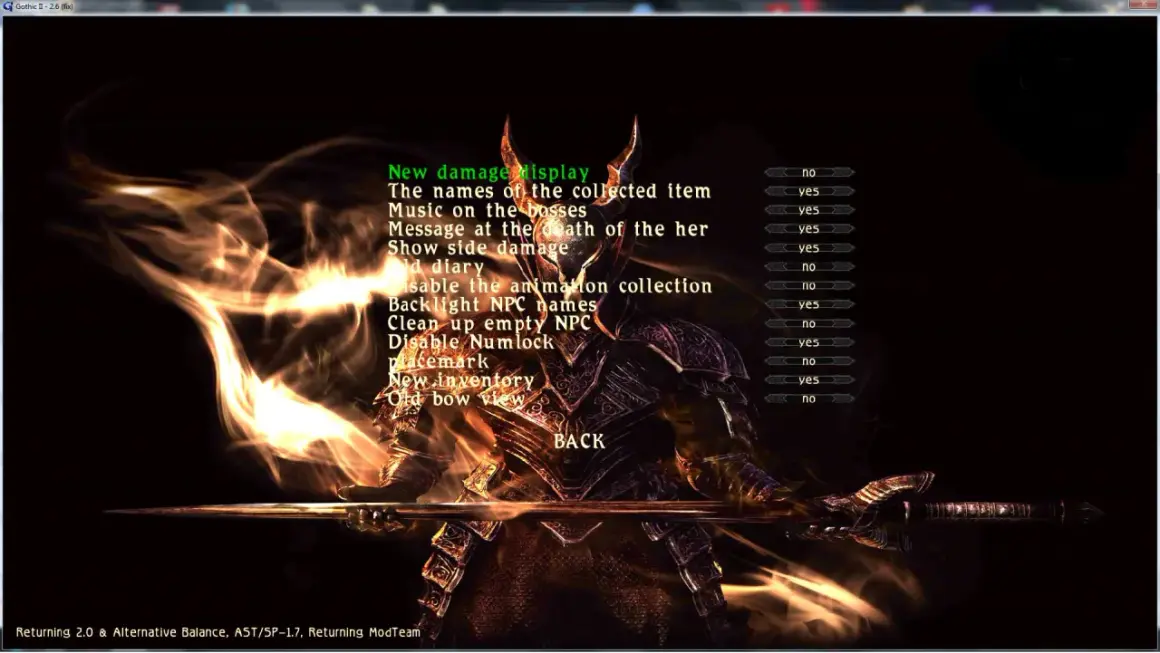 Gothic 3 alternatywny balans: menu ustawień z płonącą postacią w zbroi.