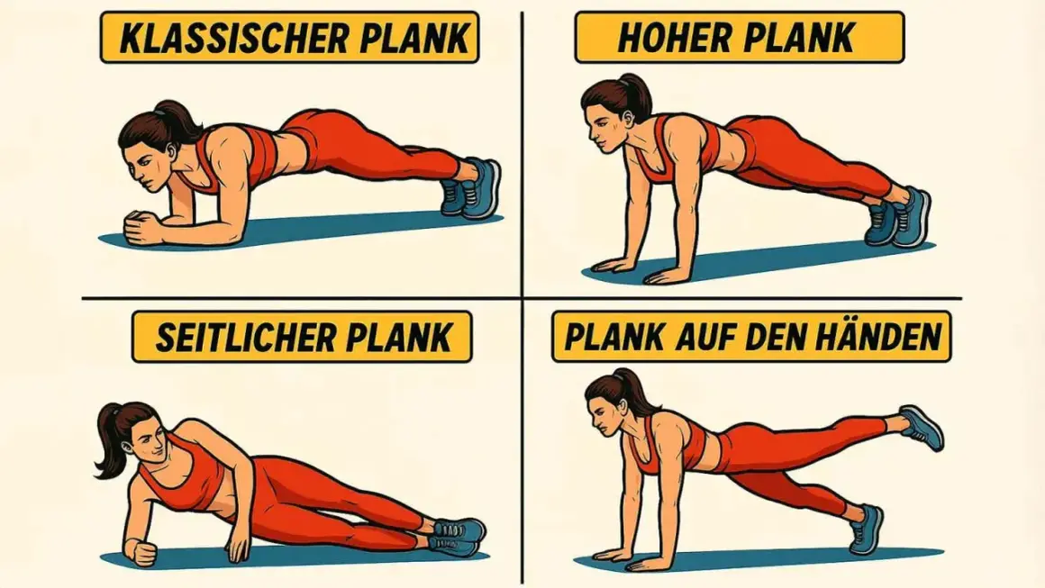 Vier Varianten der Plank-Position: klassisch, hoch, seitlich und auf den Händen.