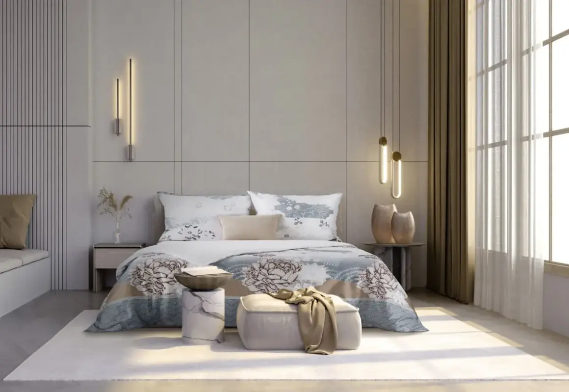 Elegancka sypialnia w stylu hotelowym z łóżkiem, ozdobnym pledem i nowoczesnymi lampami.