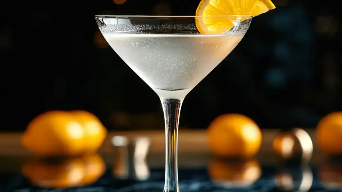 Elegancki martini z wódką, ozdobiony plasterkiem pomarańczy, na tle rozmytych owoców i świateł.