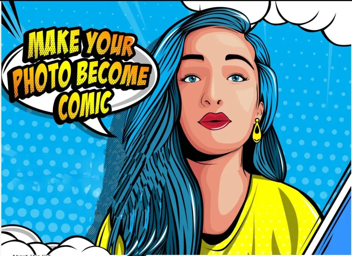 A woman with blue hair and a yellow shirt is depicted in a comic book style. A speech bubble says "Make your photo become comic.