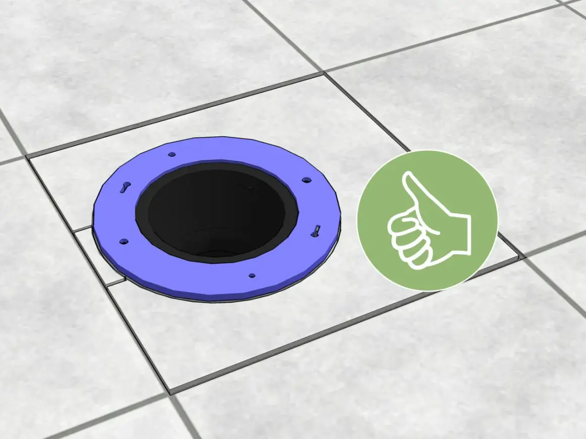 A toilet flange sits on tiled flooring, showing how to cut tile around toilet for a perfect fit. A green thumbs-up icon indicates success.