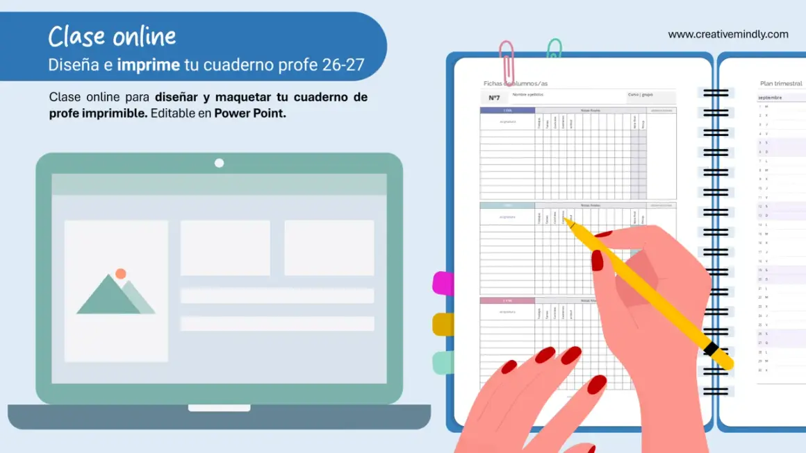 Diseña tu cuaderno profe imprimible online. Plantilla editable en PowerPoint para organizar tus clases.