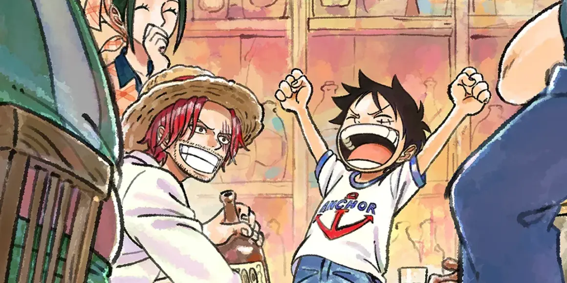 Shanks und ein jubelnder junger Luffy, ein fröhlicher Moment aus dem One Piece Remake.