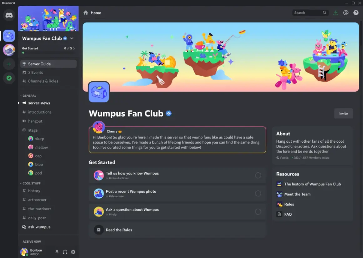 Na ekranie aplikacji **diskord** widzimy serwer "Wumpus Fan Club" z powitalną wiadomością i listą zadań do wykonania.