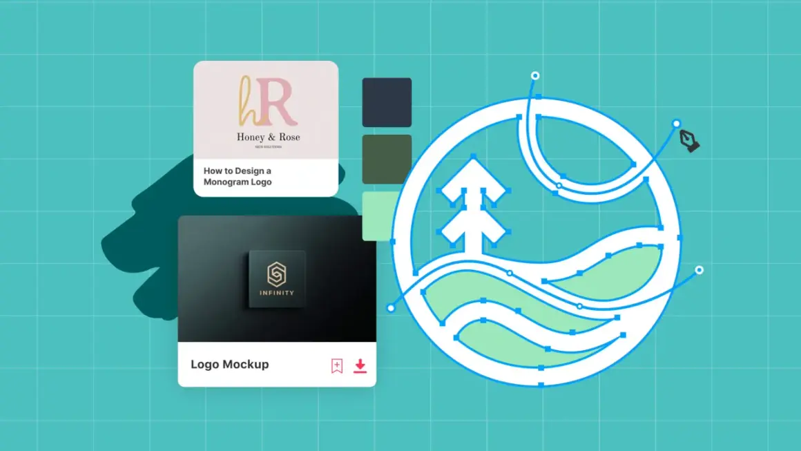Graphic design elements for logo design tutorials, including a monogram logo example and a circular wave design in progress.