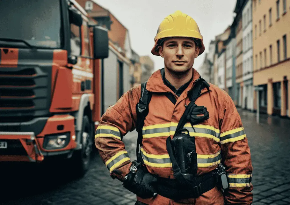Ein Feuerwehrmann der Berufsfeuerwehr in voller Montur steht vor einem roten Feuerwehrauto.