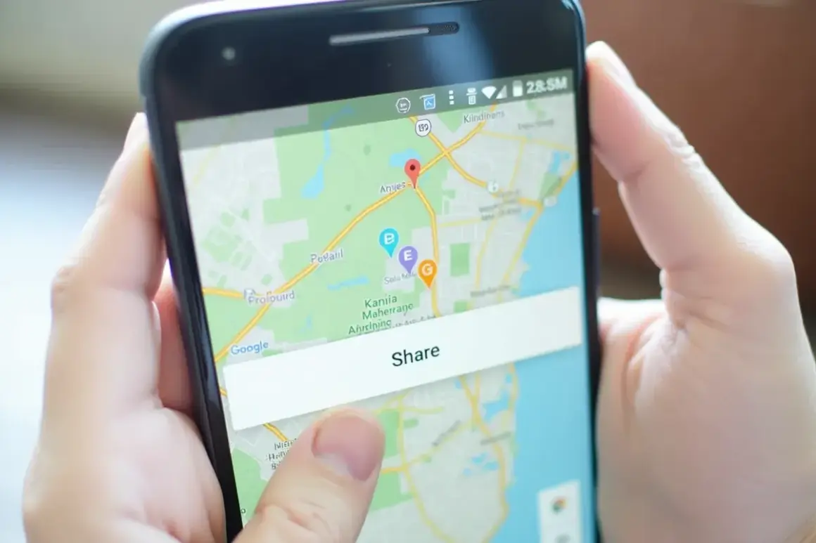 Osoba pokazuje na ekranie telefonu mapę z zaznaczoną lokalizacją i przyciskiem "Share", demonstrując, jak wysłać pinezkę.