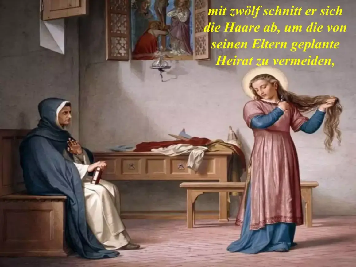 Die heilige Katharina von Siena schneidet sich mit zwölf Jahren die Haare ab, um eine geplante Heirat zu vermeiden. Eine Nonne beobachtet sie.