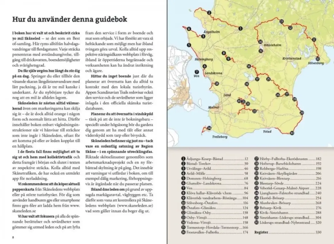 Karta över Skåne med markerade etapper av Skåneleden. Texten beskriver hur man använder guideboken.
