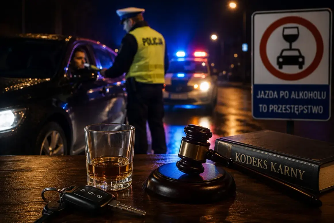Policjant zatrzymuje kierowcę, obok szklanka z alkoholem, kluczyki i Kodeks Karny. Jazda po alkoholu to przestępstwo.