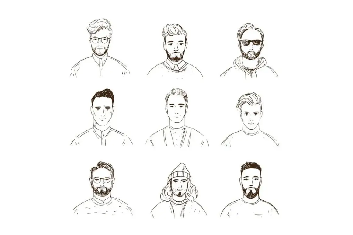 Neuf portraits d'hommes, certains avec une barbe, aux styles variés.