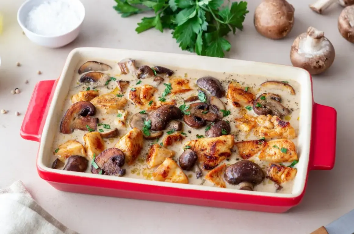 Pyszny kurczak z pieczarkami w kremowym sosie, posypany natką pietruszki, w czerwonej naczyniu żaroodpornym.