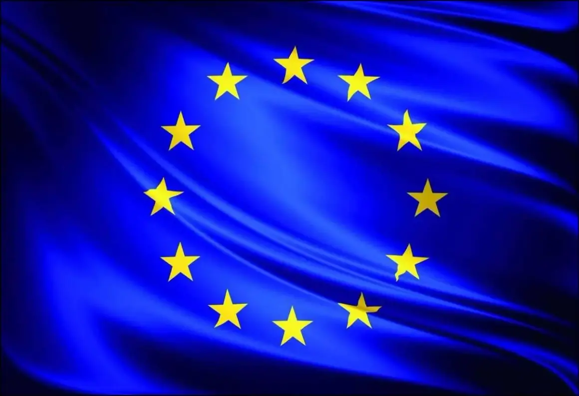 Flaga Unii Europejskiej: niebieskie tło z kręgiem dwunastu złotych gwiazd.