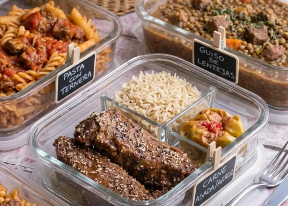 Carne asada con arroz, pasta con ternera y guiso de lentejas en recipientes de vidrio, listos para llevar.
