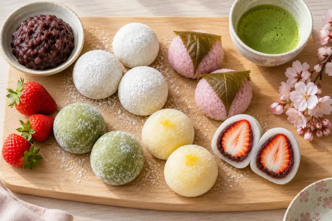 Różnorodne japońskie ciastka z ryżu: mochi w kolorach zielonym, żółtym i białym, różowe z liściem, z truskawką w środku. Obok miseczka z pastą anko i matcha.