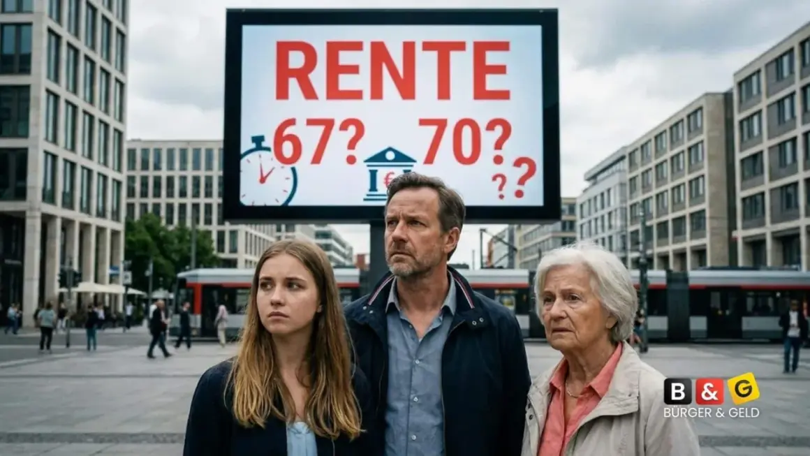 Drei Menschen blicken nachdenklich auf eine Anzeige, die über das Renteneintrittsalter 70 diskutiert.