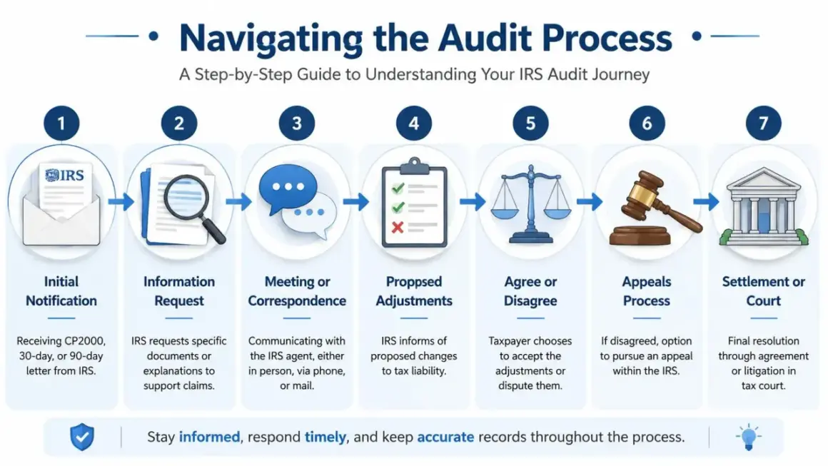 Infographic details the 7 steps of an IRS audit, from initial notification to settlement or court. Understanding what is an IRS audit is key to navigating this process.