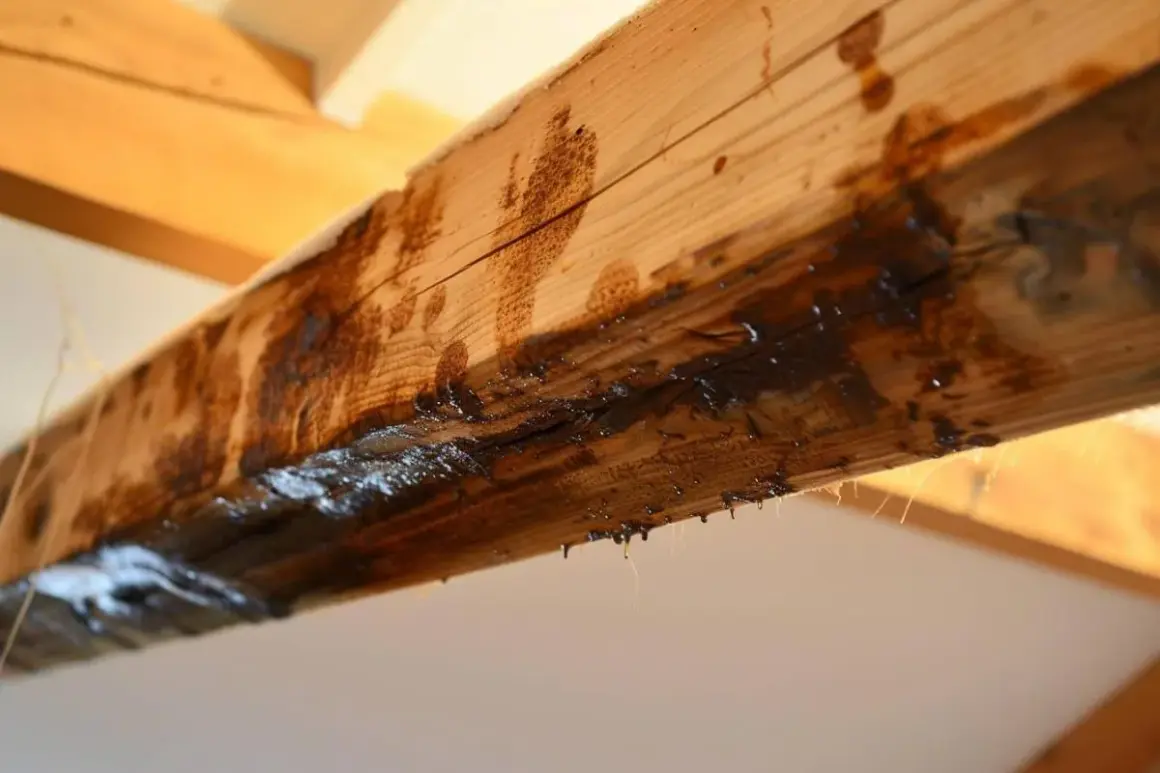Gouttes sombres suintent d'une poutre en bois, suggérant un besoin urgent de nettoyer les poutres poussiéreuses et de traiter l'humidité.