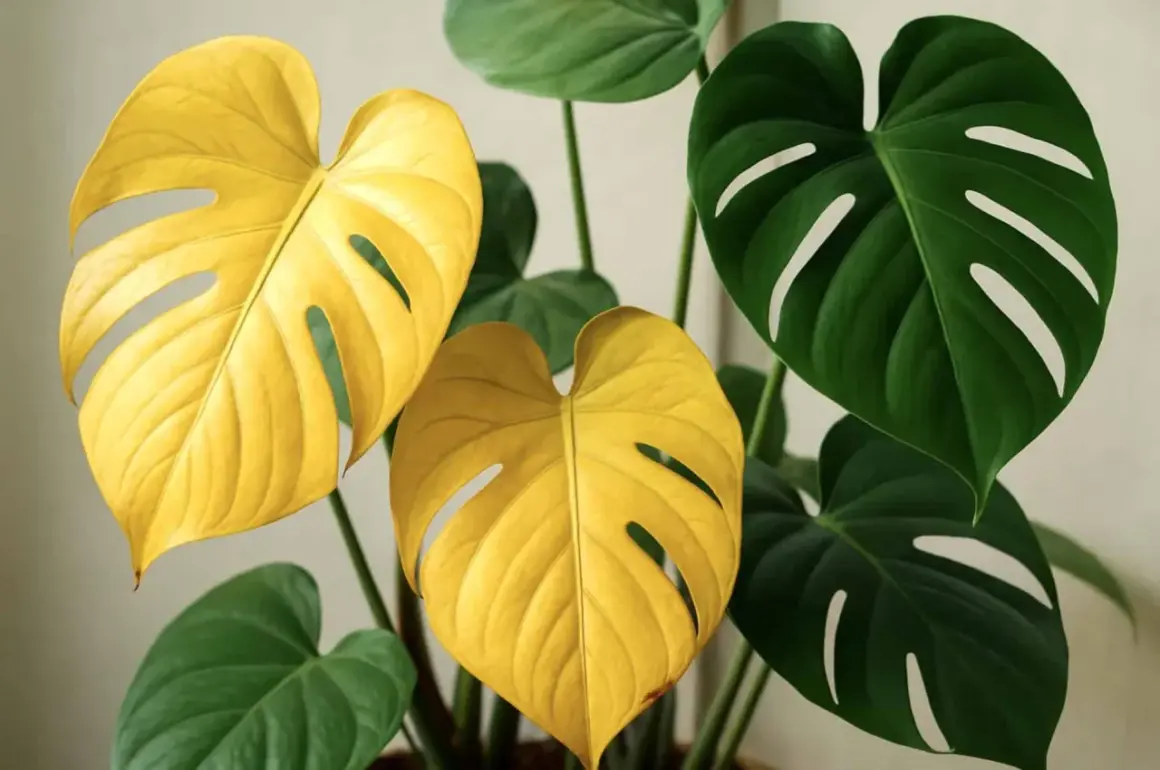Två lysande gula monstera blad kontrasterar mot mörkgröna, fenestrerade blad. En ovanlig och vacker syn.