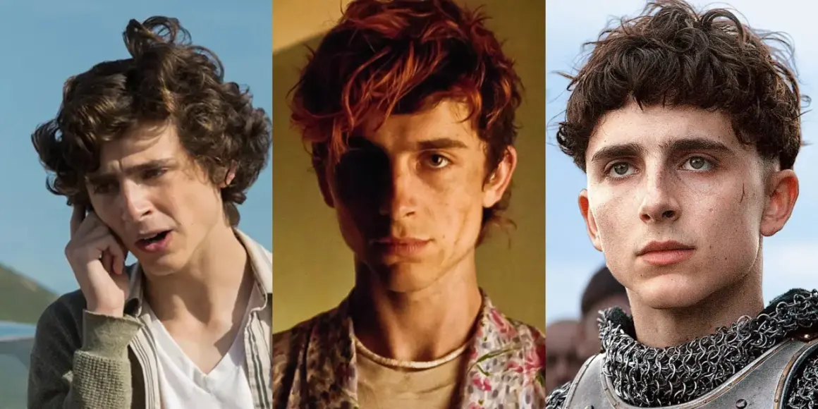 Timothée Chalamet i tre olika roller från sina filmer: en ung man som pratar i telefon, en med rött hår och blommig skjorta, och en riddare i rustning.