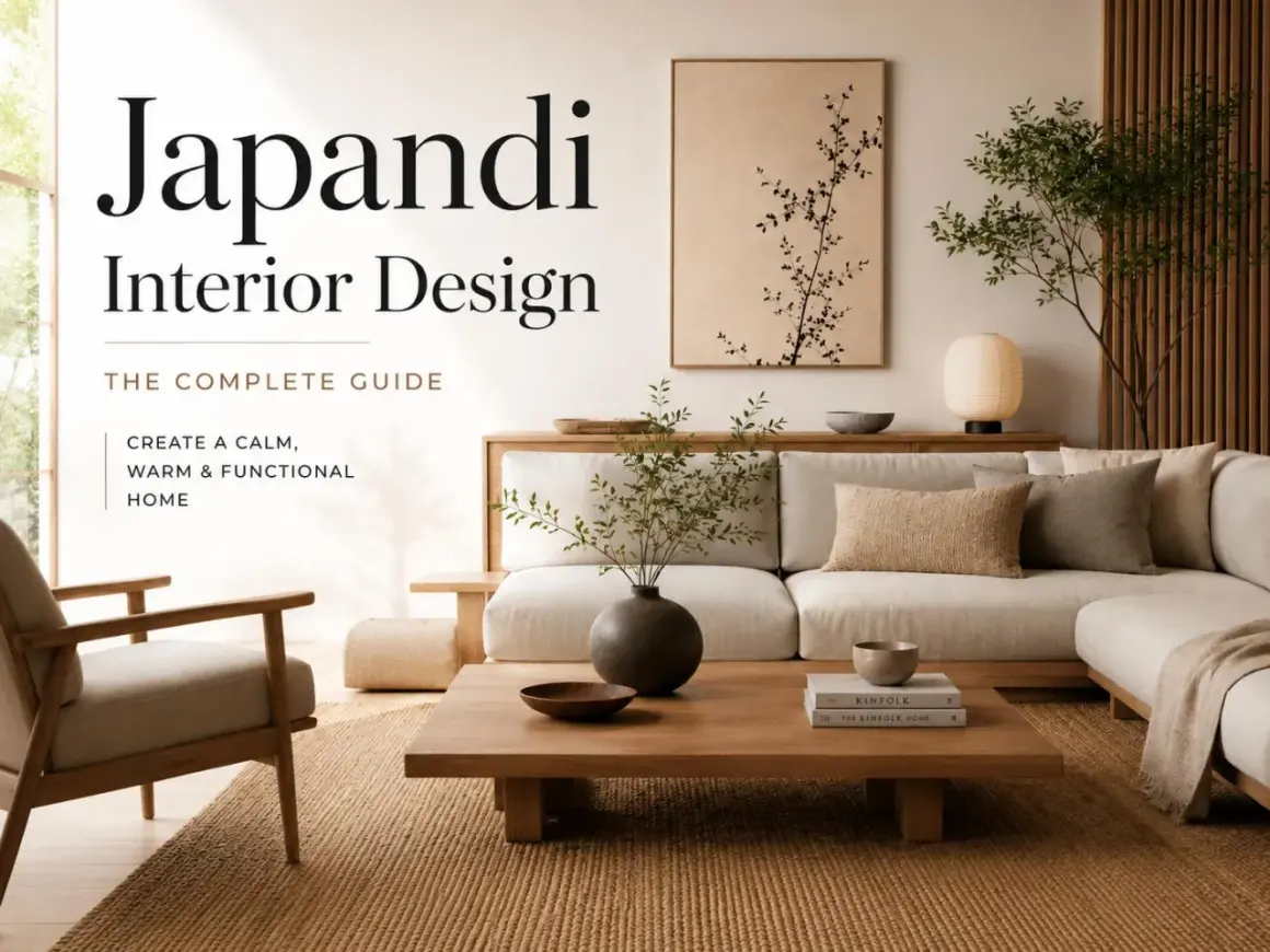 A serene living room embodying Japandi style, featuring a neutral sectional sofa, wooden furniture, and minimalist art. This guide helps create a calm, warm, and functional home.