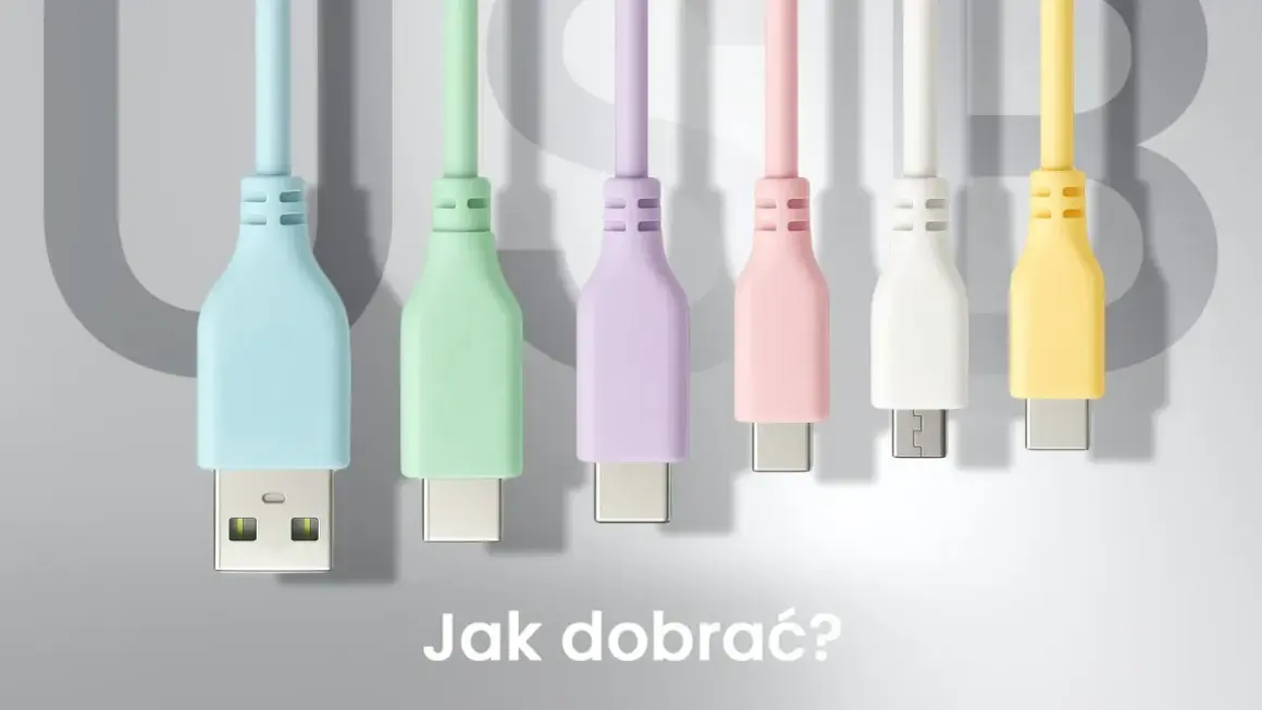 Kolorowe kable USB prezentują różne rodzaje końcówek kabli, od klasycznych po nowoczesne USB-C.