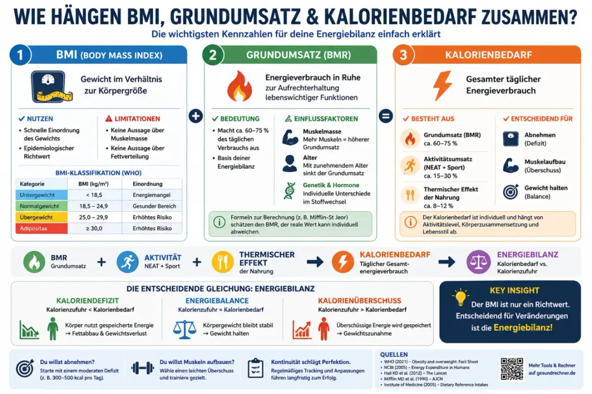 Die Grafik erklärt, was Kalorien sind und wie sie sich auf den Kalorienbedarf auswirken. Sie zeigt, dass Kalorien die Energie sind, die unser Körper verbraucht.