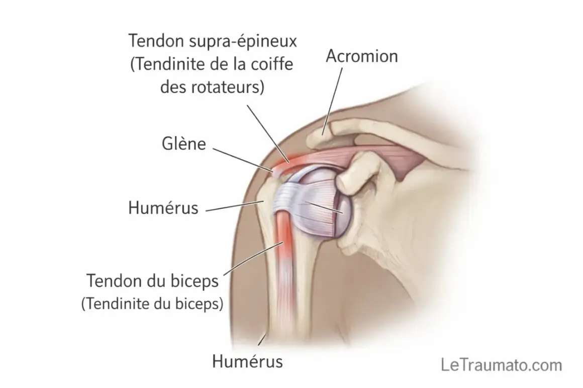 Anatomie de l'épaule montrant le tendon supra-épineux et le tendon du biceps, zones souvent affectées par une tendinite. Cet **exercice tendinite épaule** vise à soulager ces douleurs.