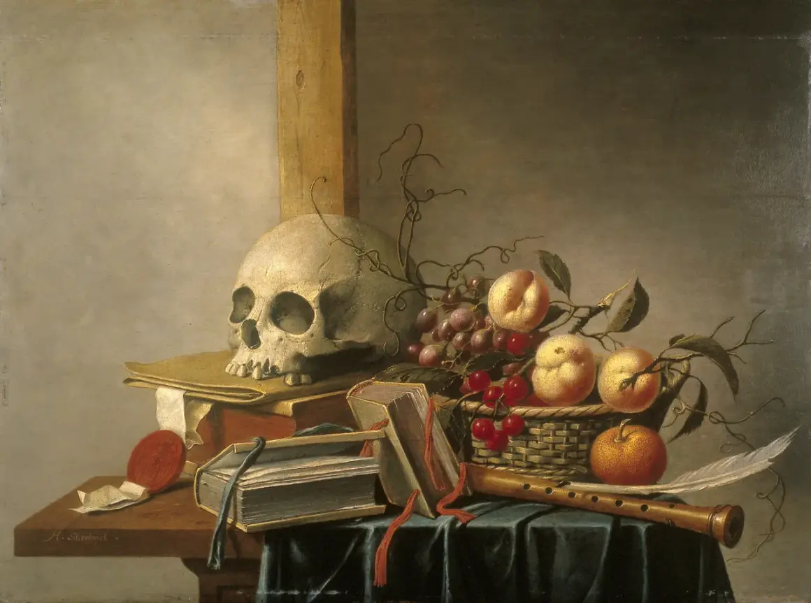 Een schedel, boeken, fruit en een fluit. Dit is een klassiek voorbeeld van wat een stilleven is: een kunstwerk dat levenloze objecten afbeeldt.