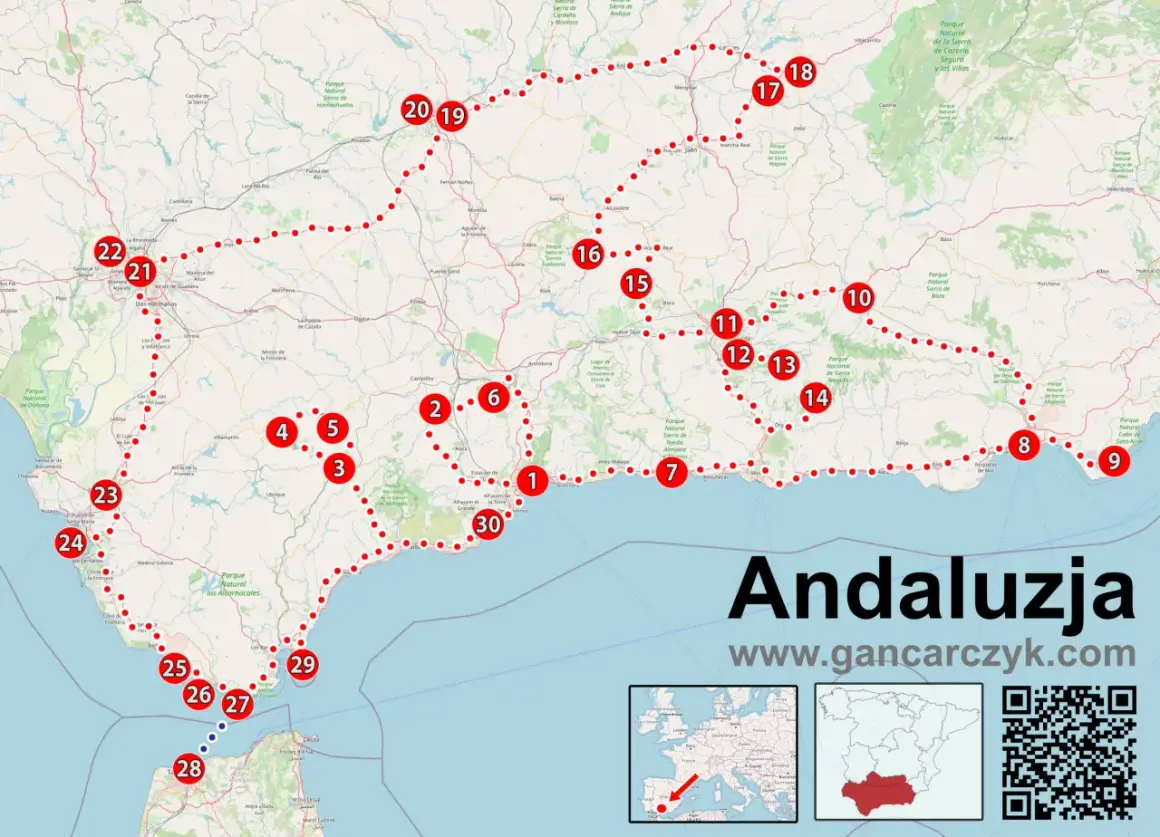 Mapa turystyczna pokazuje, gdzie leży Andaluzja, z zaznaczoną trasą i punktami widokowymi.