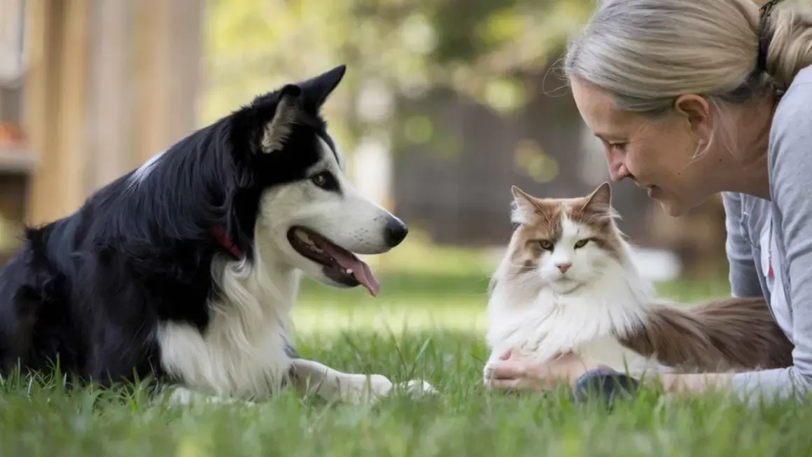 Una mujer sonríe a un gato mientras un perro, como un etólogo canino observando, yace cerca en la hierba.