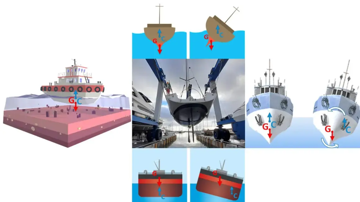 Illustrazioni di stabilità navale: il dislocamento significato è la spinta verso l'alto che contrasta il peso.