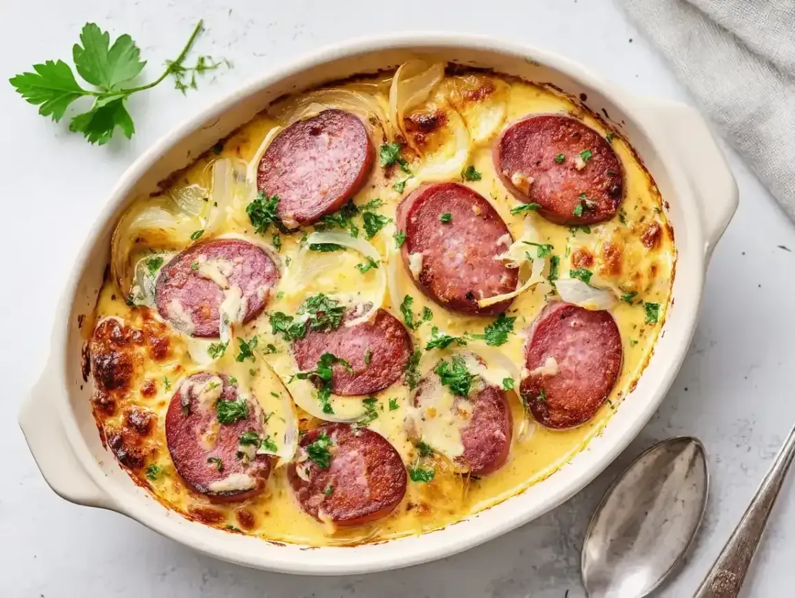 En krämig gratäng med korvskivor, lök och ost. Ett härligt korv recept som ser otroligt gott ut!