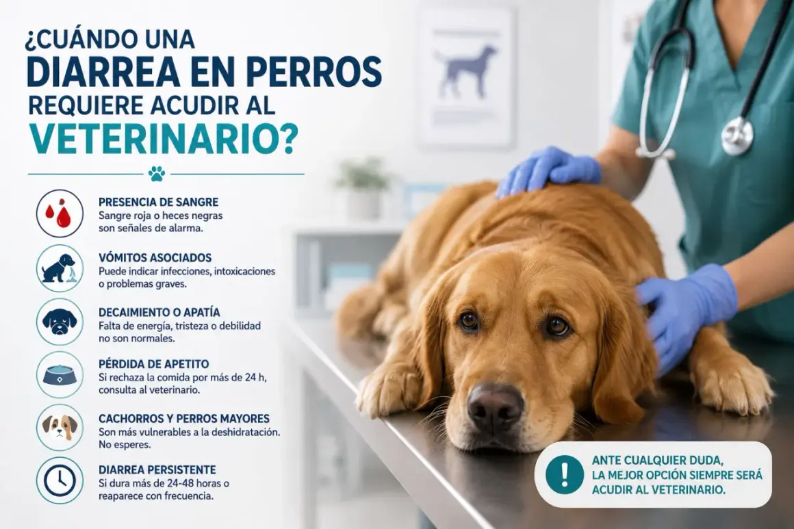 Un veterinario examina a un perro con diarrea. La imagen enumera señales de alerta como sangre, vómitos, apatía, pérdida de apetito y diarrea persistente.