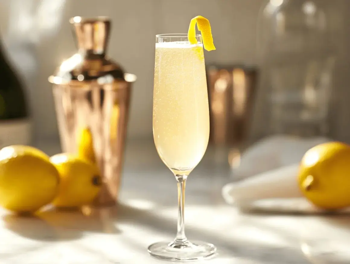 En elegant French 75 med citronskal, bredvid citroner och en kopparskakare.