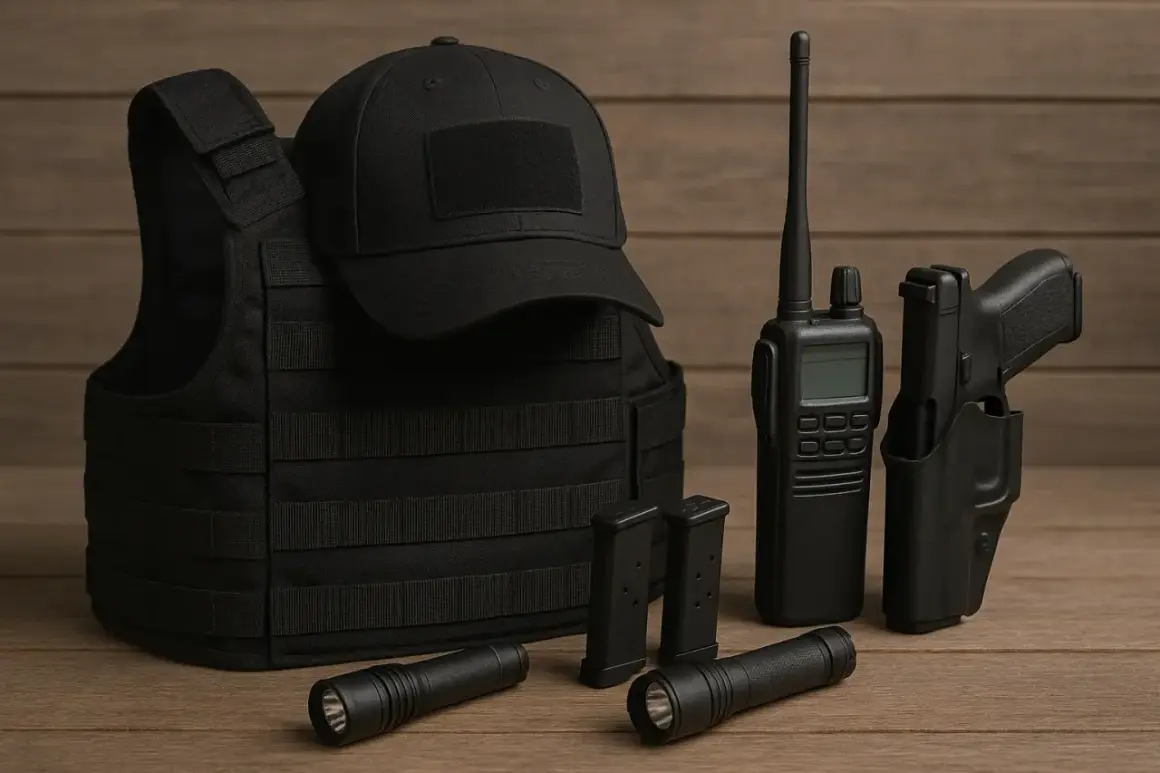 Chaleco táctico, gorra, linternas, cargadores, radio y pistola en funda. Equipo de seguridad **Miltec** listo para la acción.