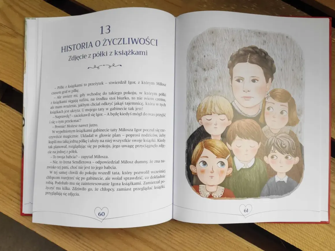 Ilustracja przedstawia grupę dzieci i dorosłego, otoczonych opowieściami o tym, co w życiu ważne.