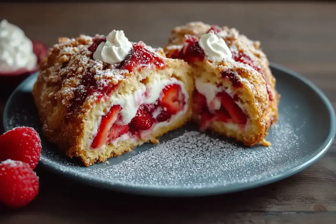 Ein saftiger Erdbeerkuchen mit Sahnefüllung und Streuseln. So lecker kann man mit Erdbeeren backen!
