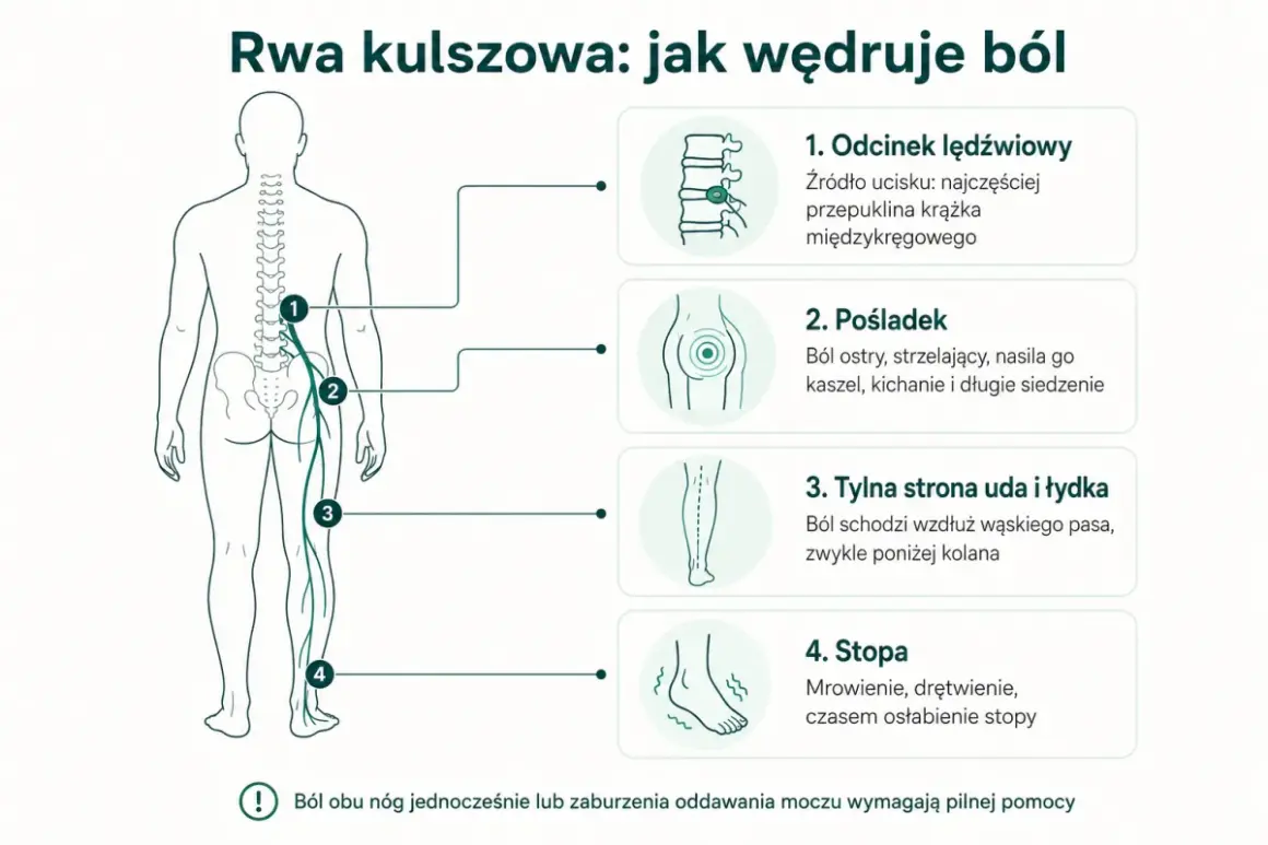 Rwa kulszowa objawy: ból od odcinka lędźwiowego przez pośladek, udo, łydkę aż do stopy.